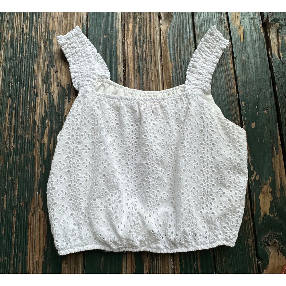 Leyden White Eyelet Crop Top Smocked Straps Square Neck Floral Embroidery Small